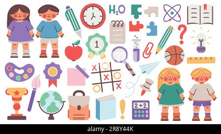 Zurück in die Schule. Ein Satz flacher Symbole für Schreibwaren für das Studium in der Schule. Kollektion isolierter, farbenfroher Kinder-Accessoires. vektorobjektstuf Stock Vektor