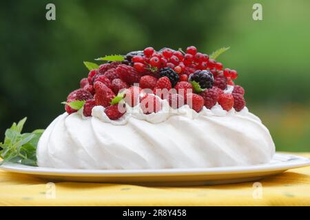 Pavlova cake – ein Nachtisch auf Baiser-Basis mit Erdbeeren, Brombeeren, Himbeeren und Minzblättern Stockfoto