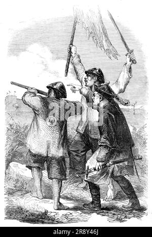 Der Krieg in China - Chinesischer Mandarin und Soldaten, 1857. Zweiter Opiumkrieg. Aus "Illustrierte London News", 1857. Stockfoto