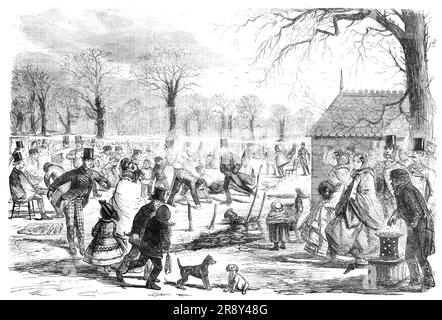 Schlittschuhlaufen im Hyde-Park - gezeichnet von John Leech, 1857. Winterunterhaltung in London. '...it ist in den Parks, in denen Jack Frost in all seiner Pracht zu sehen ist - dort versammeln sich seine Verehrer im Jahr thousands...casting, abgesehen von allen Unterschieden der Gesellschaft... Keine bazilinische Feier mehr rührend und verwirrt; Und doch ist die einzige Aufregung Übung!... geröstete Kastanien, die über glühender Holzkohle knistern, sind unwiderstehlich für Jungs mit kalten Händen und einem Penny. Und da drüben wird der verprügelte Händler, von nun an verewigt durch Mr. Leechs Bleistift,... vielleicht ein Dinner von Tripe vom Gewinn des Morgens... Hark! Langweilig, Stockfoto