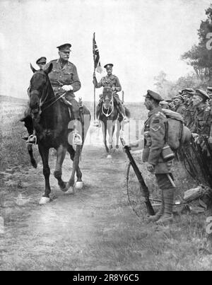 "Les Vainqueurs de queant-Drocourt; le marechal Haig felicite un detachement des troupes canadiennes qui emporterent, le 31 aout 1918, apres une lutte epique, les positions de queant-Drocourt, au Nord de la Scarpe", 1918. Aus „L'Album de la Guerre 1914-1919, Band 2“ [L'Illustration, Paris, 1924]. Stockfoto