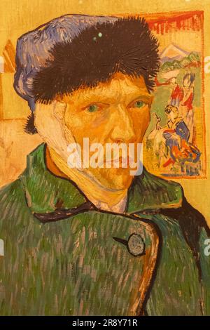 England, London, The Strand, Courtauld Gallery, Gemälde mit dem Titel „Selbstportrait mit Bandage Ear“ von Vincent van Gogh aus dem Jahr 1889 Stockfoto