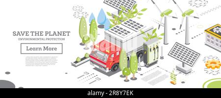 Elektrofahrzeug mit Ladestation. Isometrisches Konzept. Sonnenkollektoren und Windturbinen im Hintergrund. Speichern Sie das Planet-Konzept. Umweltschutz Stock Vektor