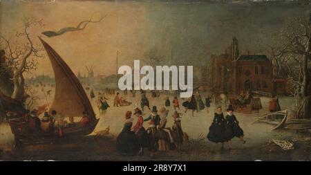 Landschaft mit gefrorenem Kanal, Skatern und einem Eisboot, 1611. Weitere Titel: Wintersport. Stockfoto