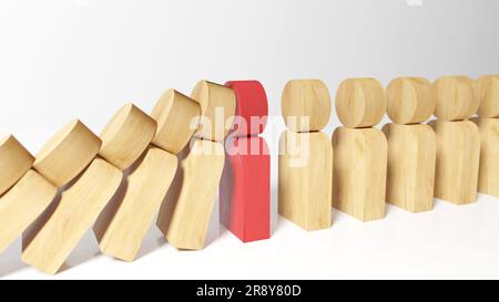 Menschen formten Dominosteine, die fielen und hielten an einem rot gefärbten Führer oder einer Schlüsselperson. Stockfoto