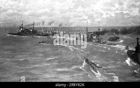 "Au Fort de la bataille Jutland ; Trois croiseurs de bataille Britain, suivis de Destroyers, Dessinent un mouvement Tournant pour Couper la retraite a la flotte allemande Haute mer", 1916. Aus der „Collection de la Guerre IV L'Illustration Tome CXLVII. La Guerre Janvier, Fevrier, Mars, Avril, Mai, Juin 1916". Stockfoto