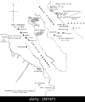 Plan of the Attack on the Forts and Batteries of Canton, 12. Und 13. November 1856 (1857). Britischer Marineoffizier: "...hatten wir den Auftrag, einige Festungen zu erobern, die Bocca Tigris genannt werden, mit 500 der größten Waffen, die ich je gesehen habe. Wir haben die Nankin in Aktion gesetzt, die [H.M.S.] Barracouta zog die Kalkutta (das Flaggenschiff). Nach zwei Stunden Schuss bemannten wir Boote der Staffel und nahmen die beiden großen Festungen auf Wanlong Island mit je 100 Waffen ein. In dem Moment, als die Männer an Land kamen, nahmen die Chinesen ihre Boote und die bo Stockfoto