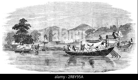 Chinesische Passage Boats, in der Nähe von Canton, 1857. Zweiter Opiumkrieg. Der Admiral... zerstörte als Nächstes die Dschungel des Krieges und eine Festung unterhalb der Stadt, die französische Torheit genannt wurde. Die chinesischen Soldaten hier zeigten einen unerwarteten Widerstand, indem sie mit großer Entschlossenheit ihre Waffen abfeuerten und neu luden; die Dschunks jedoch wurden schnell verbrannt und das Fort wurde durch einen Angriff getragen. Eine beträchtliche Macht griff dann die Bogue-Festungen an, die so in der Geschichte unserer Geschäfte mit China gefeiert wurden, und zum vierten Mal in den letzten Jahren... wurden diese Festungen zum Schweigen gebracht und abgerissen. In dem Stockfoto