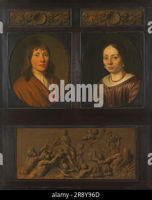 Porträts von einem Mann und einer Frau, eingerahmt mit zwei dekorativen Frieze-Miniaturen mit Muschelmotiv und einem Triumph des Amphitrits, 1678-1705. Stockfoto