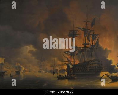 Das Feuer am Kai von Algier, kurz nach Beginn der Bombardierung durch die englisch-niederländische Flotte, 27. August 1816, 1816-1820. Sonstige Titel: Vier Episoden während der Anwesenheit der angloniederländischen Flotte im Golf von Algier vom 26. Bis 27. August 1816. Stockfoto