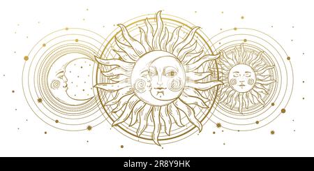 Magisches Banner für Astrologie, Enthüllung, Magie. Goldener Halbmond und Sonne mit einem Gesicht auf weißem Hintergrund. Esoterische Vektorisolierung, Tatto Stock Vektor