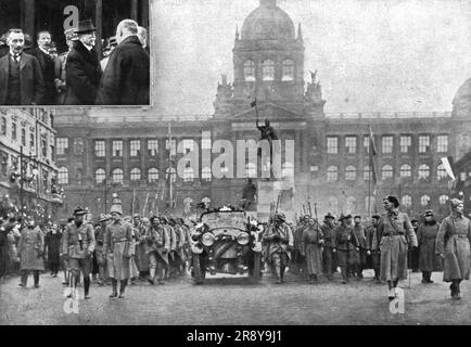 "La Nouvelle Europe; la republique Tcheckoslovaque; L'entr&#xe9;e a Prague du President Mazaryk, le 25 Decembre 1918: l'automobile presidentielle, escortee par des detchements de legionnaires tcheckoslovaques, ayant combattu sur les fronts francais, sur la haut et la haut, sur la haut, russe, sur la haut, la haut et alien: M Mazaryk felicite par ses compagnons de lutte a son arrivee en Boheme; tout a fait a gauche, de face, M Clement Simon, ministre de France', 1918. Aus „L'Album de la Guerre 1914-1919, Band 2“ [L'Illustration, Paris, 1924]. Stockfoto