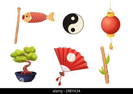 Traditionelle japanische Laterne mit goldener Quaste, asiatischem Handfächer, Papier-Koinobori-Fisch, Bonsai-Baum im Cartoon-Stil isoliert auf weißem Hintergrund. . Vektordarstellung Stock Vektor