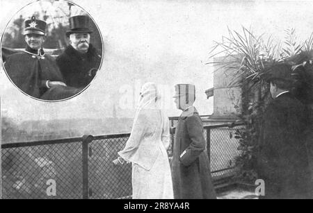 "Les Cheefs d'etat Allies a Paris; Pendant le sejour du roi d'Italie a Paris, du 19 au 21 Decembre 1918: le roi Victor-Emmanuel Concant Paris de la Terrasse de l'hopitalien du Boulevard Montmorency, a Auteuil; Dans le medaillon l'Heritier de la couronne d'italie, le jeune Prince de Piemont, alors age de 14 ans, aupres de M Clemenceau, dans une victoria du cortege, a la sortie de la gare', 1918. Aus „L'Album de la Guerre 1914-1919, Band 2“ [L'Illustration, Paris, 1924]. Stockfoto