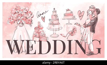 Hochzeitsbanner, Braut und Bräutigam in Liebeskuss, mehrstufige Torte, Geschenke, Accessoires, Liebeskarte. Modernes Grafikdesign und pinkfarbenes Aquarell, Vint Stock Vektor
