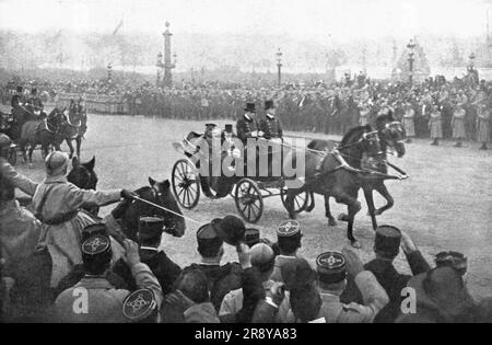 'Les Cheefs d'Eat Allies a Paris; La victoria du roi des Belges et du President de la Republique, venant de la gare du Bois de Boulogne par les Champs-elysees, traverse, le 5 Decembre 1918, la Place de la Concorde, se dirigeant vers le quai d'Orsay', 1918. Aus „L'Album de la Guerre 1914-1919, Band 2“ [L'Illustration, Paris, 1924]. Stockfoto