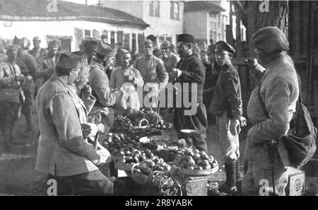 "L'Occupation Francaise en Bulgarie; nos soldats au marche de Kustendil", 1918. Aus „L'Album de la Guerre 1914-1919, Band 2“ [L'Illustration, Paris, 1924]. Stockfoto