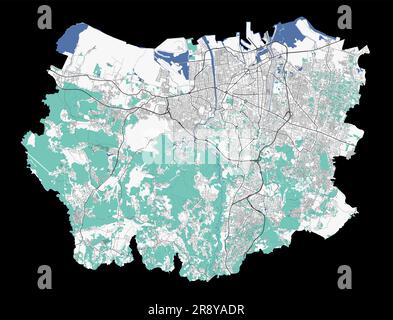 Palembang Karte. Detaillierte Karte der Stadtverwaltung von Palembang. Stadtpanorama. Straßenkarte mit Autobahnen, Flüssen. Unentgeltliche Vektorillustratio Stock Vektor