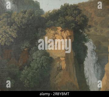 Überwucherte Klippen mit einem Wasserfall in Italien, vielleicht in Tivoli, 1790-1820. Stockfoto