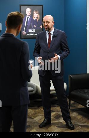 Paris, Frankreich. 23. Juni 2023. Charles Michel wird am 23. Juni 2023 von Apolline de Malherbe auf RMC/BFMTV in Paris, Frankreich, interviewt. Foto: Alain Apaydin/ABACAPRESS.COM Kredit: Abaca Press/Alamy Live News Stockfoto