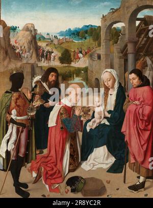 Die Adoration der Magi, c.1480-c.1485. Weitere Titel: Die Verehrung der Magi. Die drei Könige, die ihre Geschenke präsentieren, stehen im Vordergrund der Amsterdamer Adoration. Das Christuskind, das auf dem X2019 Schoß der Jungfrau sitzt, streckt seinen Arm in Richtung des knienden, ältesten Königs Caspar aus, der ihm einen Becher mit Goldmünzen anbietet. Die beiden anderen Könige stehen hinter Caspar in der Amsterdamer Podiumsdiskussion. Melchior mit langen dunklen Haaren und einem Bart hält einen goldenen Kelch in der rechten Hand, während der schwarze König Balthazar einen Kristallbecher hat. Ab dem späten Mittelalter, die drei Könige w Stockfoto