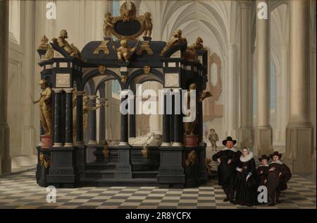 Eine Familie neben dem Grab von Prinz William i. im Nieuwe Kerk, Delft, 1645. Weitere Titel: Eine Familie neben dem Grab von Willem I (William der Stille) im Nieuwe Kerk, Delft. Stockfoto