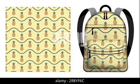Kinderrucksack mit nahtlosem Muster und saftigen Ananas- und Wellenlinien. Tropische Früchte ernten. Vektorschmuck für die Gestaltung der Pos. Stock Vektor