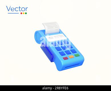 Endgerät oder Maschine mit 3D Positionen und Rechnung in minimalem Stil, isoliert auf weißem Hintergrund. Gestaltetes Objekt für E-Zahlung, Handel, Supermarkt, Einzelhandel, Restaurant, Geschäftlich. 3D-Vektordarstellung. Vektordarstellung Stock Vektor