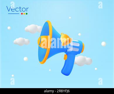 3D Megafon-Lautsprecher oder Lautsprecher-Megafon, mit Klingel, Wolken, im Hintergrund isoliert. Designkonzept für Ankündigung, Nachricht, Buzz, Promotion, Veranstaltung. 3D-Vektordarstellung. Vektordarstellung Stock Vektor