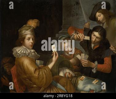 The Card Game on the Cradle: Allegory, 1643-1683. Ein erwachsener Mann in der Größe eines Säuglings liegt in der Wiege und wird von einer Frau geschüttelt, während ein Kartenspiel um sie herum stattfindet. Ein maskierter Mann hockt in der linken unteren Ecke. Das wird Johannes van Wijckersloot zugeschrieben. Stockfoto