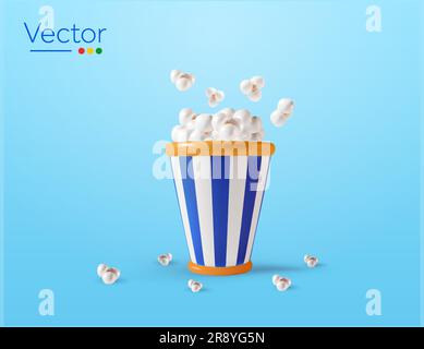 3D Tasse oder Eimer mit Popcorn, isoliert auf dem Hintergrund. Designkonzept für Film, Essen, Imbiss, Theater, Kino, Film. 3D-Vektordarstellung. Vektordarstellung Stock Vektor