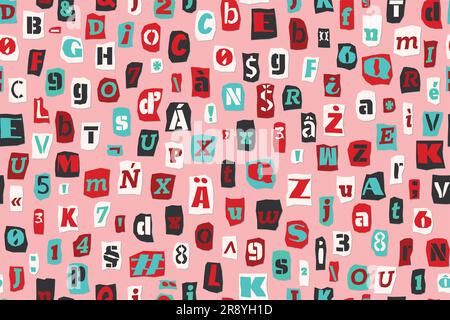 Nahtloses Lösegeld-Muster Collage-Buchstaben, Zahlen aus Zeitungen und Zeitschriften. Klassische ABC-Kollektion. Rot weiß, schwarze Punk-Schrift Stock Vektor