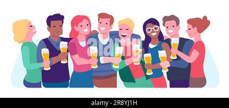 Eine Gruppe junger, lächelnder Freunde. Die Leute stehen mit Bier in der Brille. Feiertagsfeier im Pub. Glückliche Männer und Frauen umarmen sich. Menschen, die trinken Stock Vektor