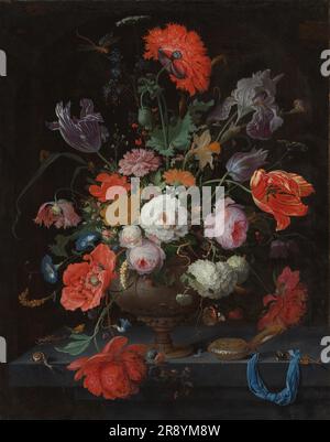 Stillleben mit Blumen und eine Uhr, c.1660-c.1679. Andere Titel: Stille Leben mit Blumen und Uhr. Stockfoto