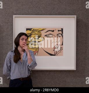 Bonhams, London, Großbritannien. 23. Juni 2023. Vorschau auf den Verkauf von Drucke und Kombiwetten (findet am 27. Juni statt), zu den Höhepunkten zählen: Roy Lichtenstein, Cry Girl, geschätzte 30.000 bis 50.000 £. Kredit: Malcolm Park/Alamy Live News Stockfoto