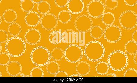 Nahtlose Struktur aus weißen, runden, abstrakt geschnitzten Bierkappen aus Metall mit scharfen Kanten zum Verstopfen von Bierflaschen, die bei der Zubereitung von Getrieben auf einem gelben B verwendet werden Stock Vektor