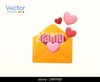 3D geöffneter Umschlag oder Brief mit aufsteigenden Herzen, isoliert auf weißem Hintergrund. Design-Konzept für Soziales, Romantik, valentinstag, Geschenk, Paar, Liebe, Dekoration, Nachrichten. 3D-Vektordarstellung. Vektordarstellung Stock Vektor