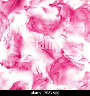 Abstrakter wasserfarbener Fleckenhintergrund mit luxuriösem Hintergrund. Handgezeichnete rosafarbene Flüssigkeit färbt, spritzt Elemente nahtlos Muster. Aquarelle Textur. Drucken für t Stockfoto