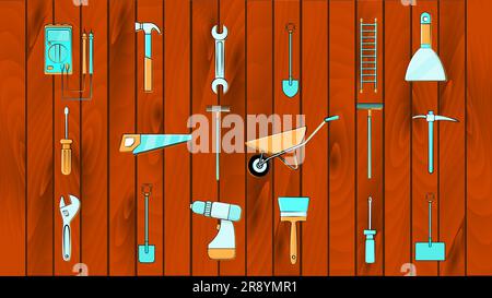 Ein großer Satz von Symbolen für Bauwesen, Sanitär, Garten, Reparatur, Werkzeuge auf Holzhintergrund: Schaufel, Säge, Hammer, Bürste, Mopp, Rechen, Trolley, Kelle, Stock Vektor