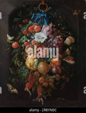 Soffittenblüten, 1660-1670. Schmetterlinge, Schnecken, Käfer, Raupen, Fliegen und Marienkäfer werden von Früchten wie Granatäpfeln, Trauben, Pfirsichen, Pflaumen und Feigen angezogen, mit Morgenglorien und Rosen. Stockfoto