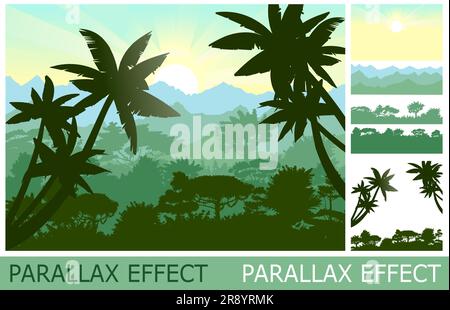 Blick auf die tropischen Berge. Palmen und Sonnenaufgang mit Rochen. Foliensatz erzeugt eine parallaxe Bildebene. Cartoon-Style. Isoliert auf weiß Stock Vektor