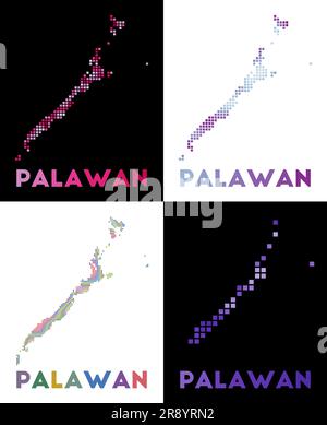 Palawan-Karte. Kartensammlung von Palawan im gepunkteten Stil. Die Inselgrenzen sind mit Rechtecken für Ihr Design gefüllt. Vektordarstellung. Stock Vektor