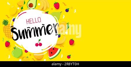 Leuchtendes Sommerbanner mit Früchten. Hallo Sommer. Design von Vorlagen-Bannern. Sommerzeit. Schriftzug Summer mit Früchten. Gelber Hintergrund mit leerer SP Stock Vektor