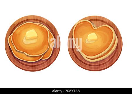 Stellen Sie die Pfannkuchen mit Butter-Draufsicht auf einen runden Holztisch oder einen Teller im Cartoon-Stil isoliert auf weißem Hintergrund. Kreisförmiges Dessert und Herzform, Frühstück. . Vektordarstellung Stock Vektor