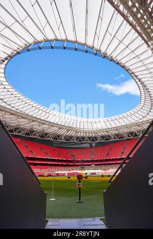 Blick auf das Spielfeld mit Rasenpflegeausrüstung in der San Mames Arena, dem offiziellen Heimstadion des FC Athletic Bilbao, Spanien Stockfoto