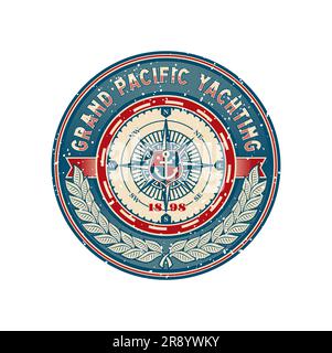 Yachtclub Retro Patch, Sea Regatta Grunge Abzeichen. Rundstempel für die Seenavigation, Vektorsymbol für das Meeresabenteuer oder Retro-Emblem für die Seereise. Nautisches Regatta-Etikett mit Kompass, Anker und Lorbeerkranz Stock Vektor