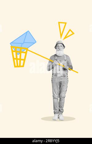 Bild minimalistische Postercollage Bild eines positiven, flippigen Mannes, der Fischnetz-Catch-Papier-Brief isoliert auf weißem Hintergrund hält Stockfoto
