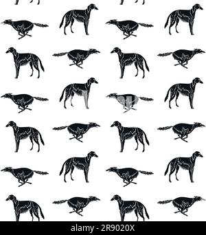 Vektornahtloses Muster einer handgezeichneten Zeichnung eines russischen Borzoi-Hundes, isoliert auf weißem Hintergrund Stock Vektor
