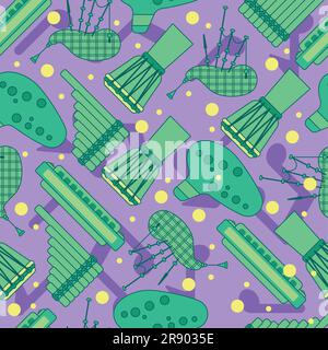 Farbiger, nahtlos gemusterter Hintergrund mit Musikinstrumenten Vektor Stock Vektor
