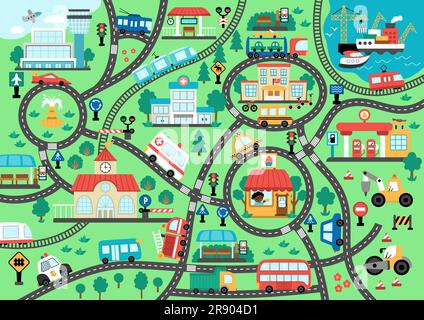 Stadtverkehrskarte. Hintergrund mit Eisenbahn, Straßen, Verkehrsschildern für Kinder. Vektor-Infografiken mit Zug, Auto, Straßenbahn, Lkw. Stadtplan mit Stock Vektor